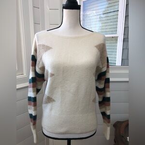 Madewell White Crew Neck Sweater with Striped Sleeves